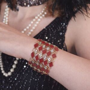 Red Enamel & Rhinestone Gold Tone Art Deco Link Bracelet Wrap Style
